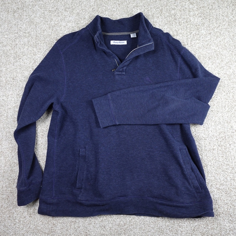 Tommy Bahama Mens Large Blue Waffle Knit Quarter Zip Pullover Sweater Marlin - Picture 2 of 6